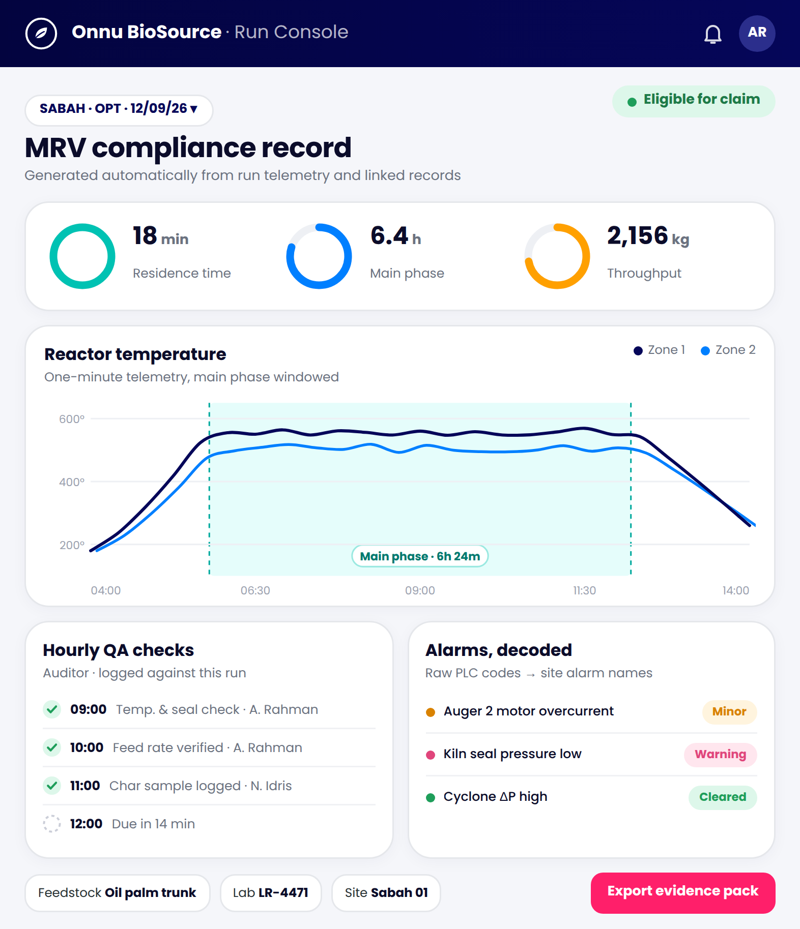 Onnu BioSource MRV compliance record screen