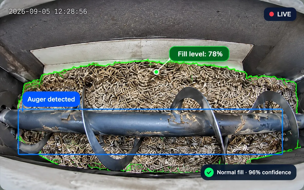 AI camera view of a rotary valve hopper, with the auger detected and the fill level read at 78%